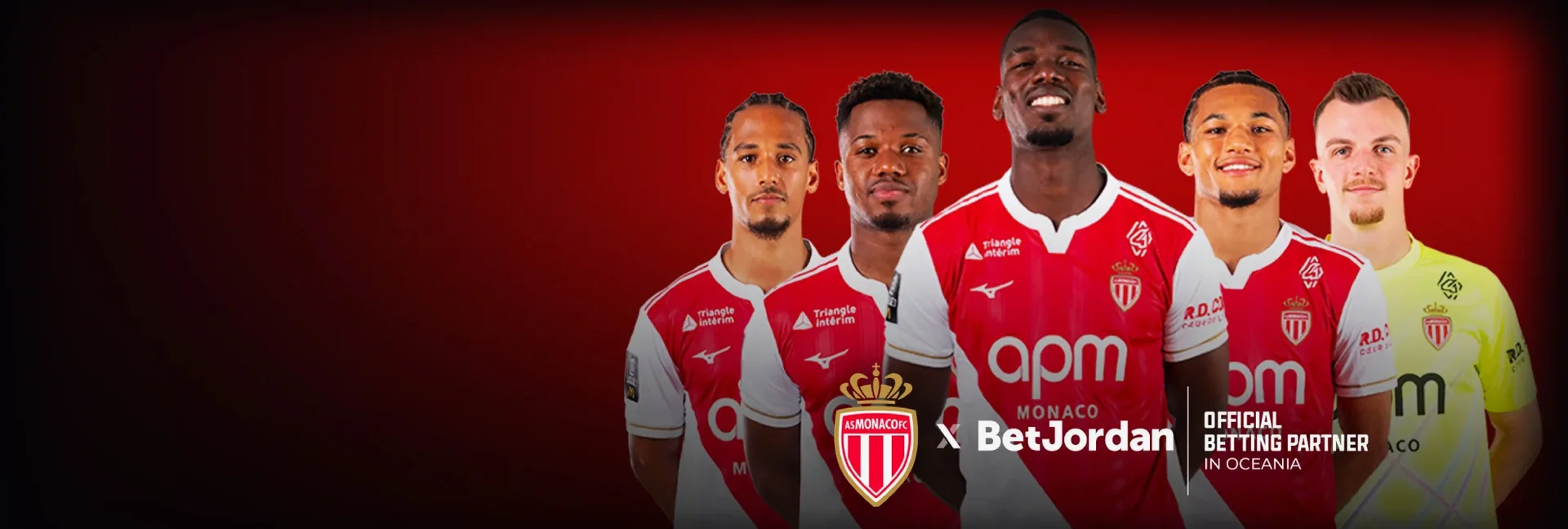 Footballers in red and white kit beside the BetJordan partnership lockup